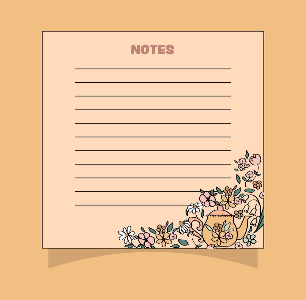 Cute hand-drawn flowers small square notepad page design. vector