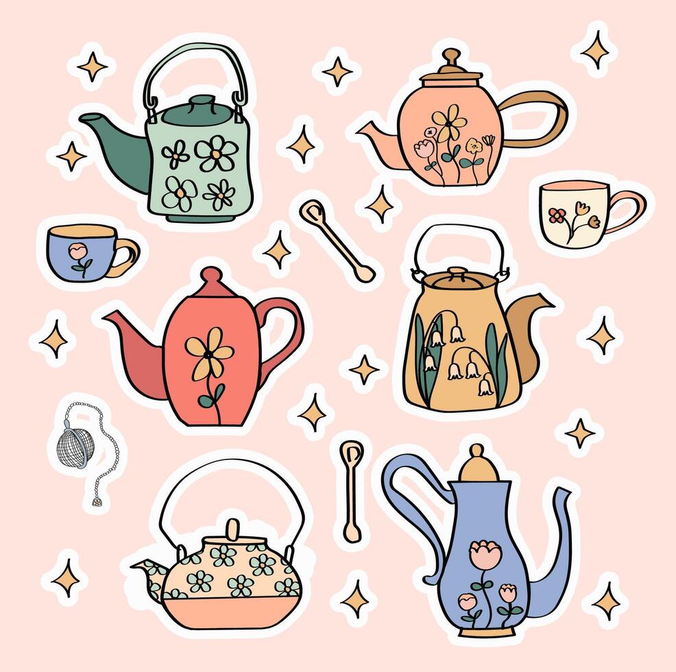 Set of cottagecore teapots and cups planner stickers collection. vector