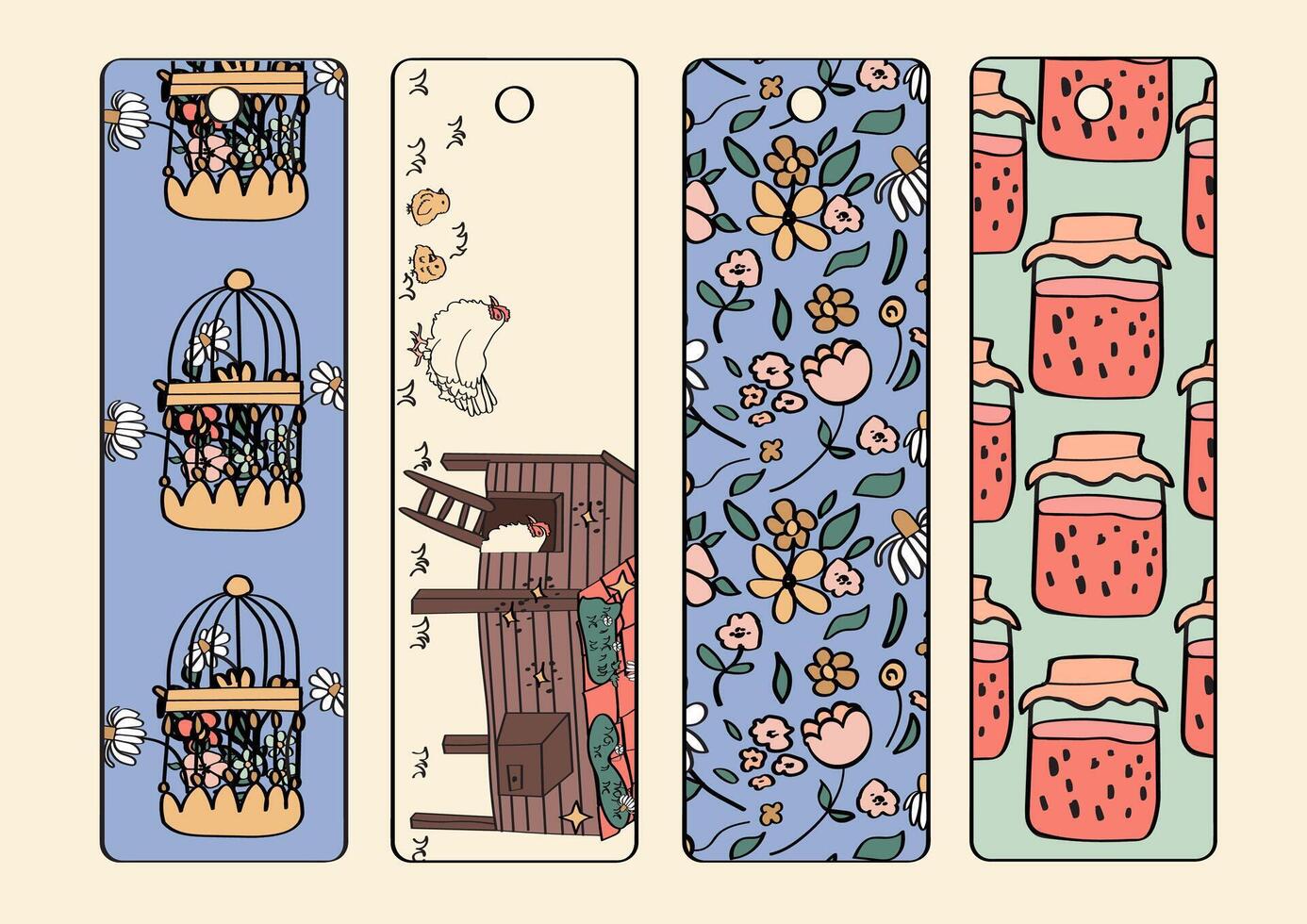 Cute farmcore hand-drawn bookmarks collection. vector