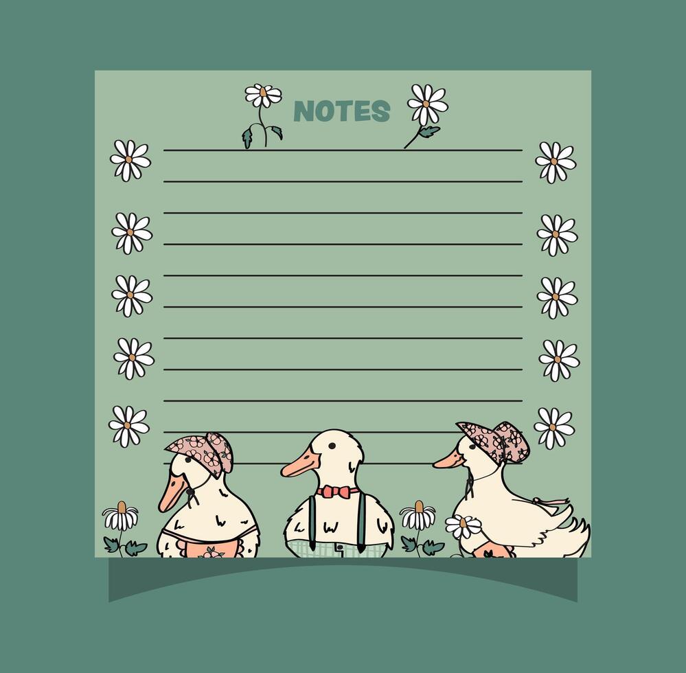 Cute farm ducks small square notepad page design. vector