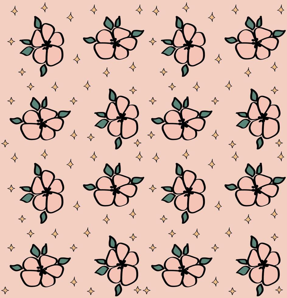 Pink hibiscus flower pattern with stars. vector