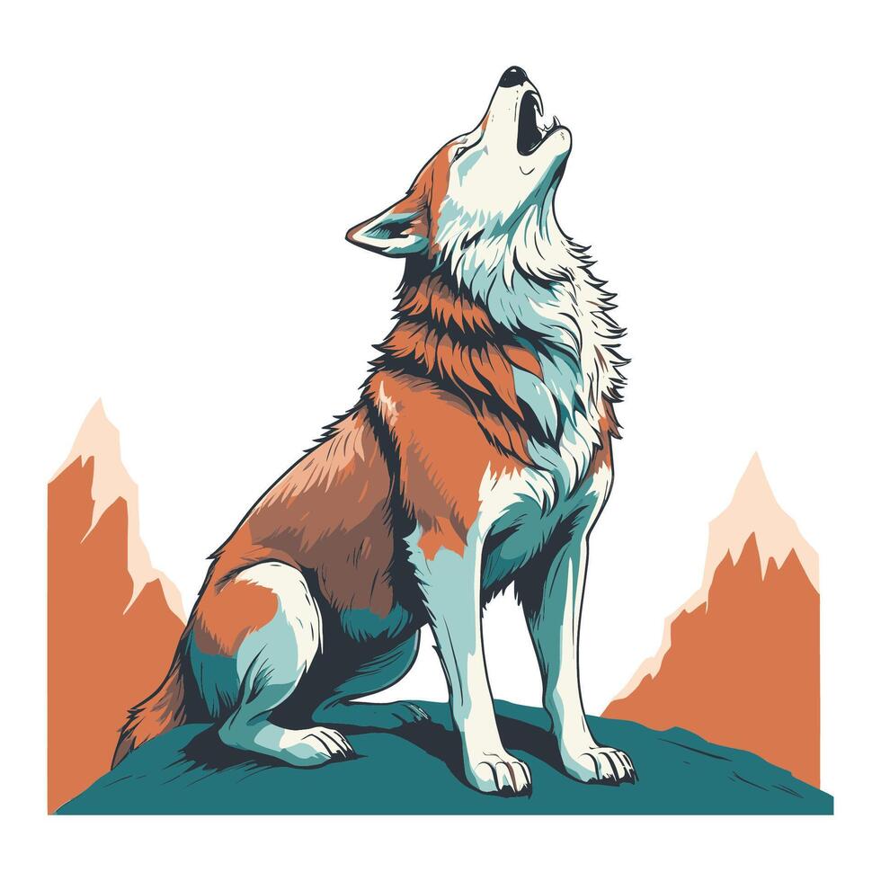 Wolf Howling on Rock Flat Illustration vector