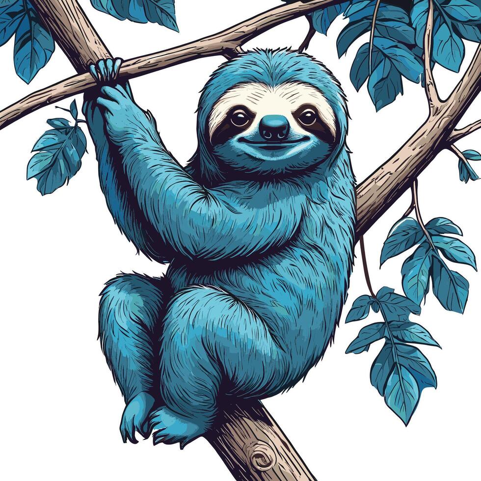 Blue Sloth Hanging on Tree Branch Hand Drawn Illustration vector