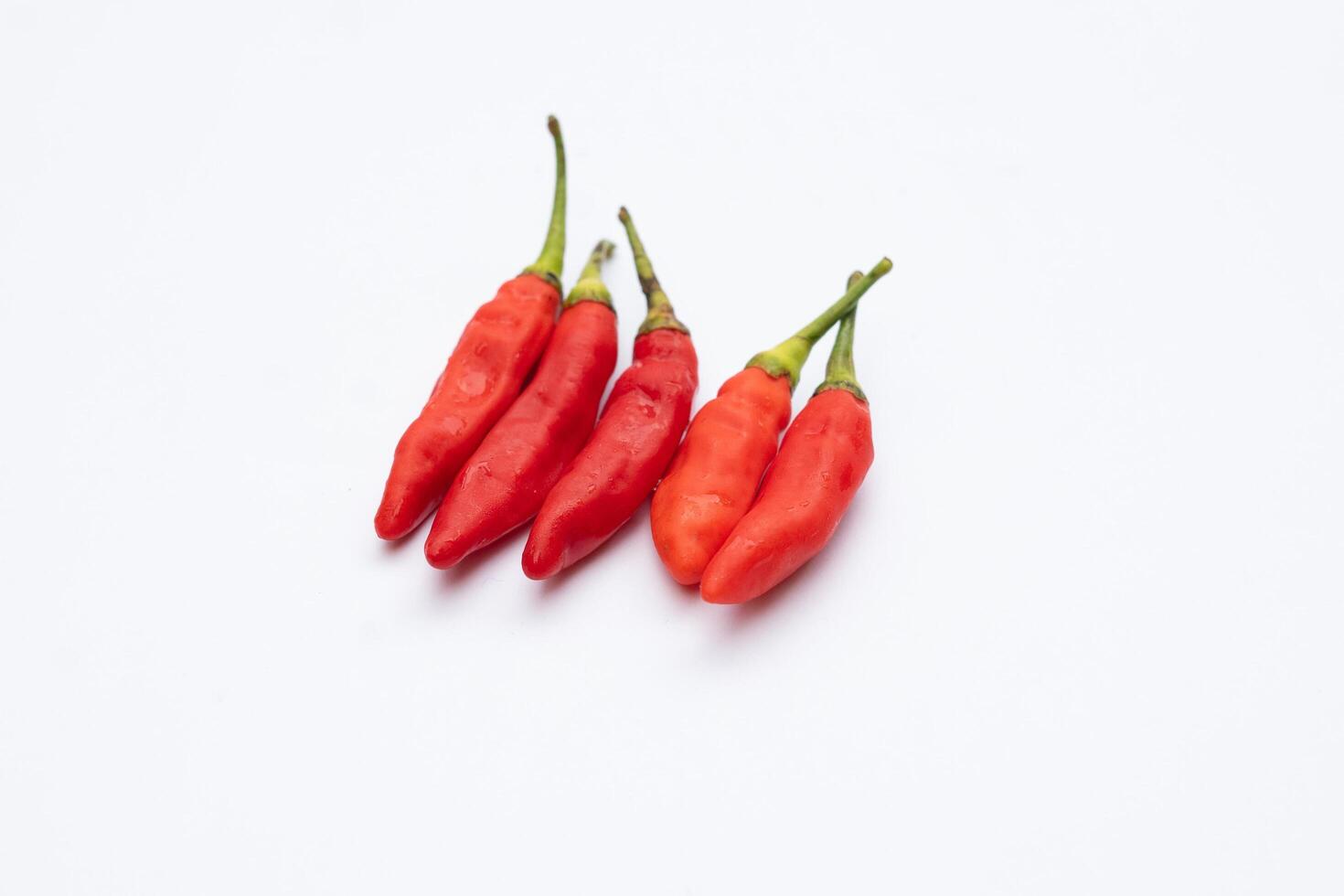 Red chili peppers lined up on a white background, showcasing their vibrant color and texture, perfect for food, spice, and culinary projects photo