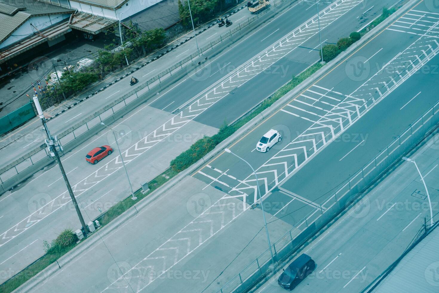 High-angle shot of a freeway captured from a rooftop photo