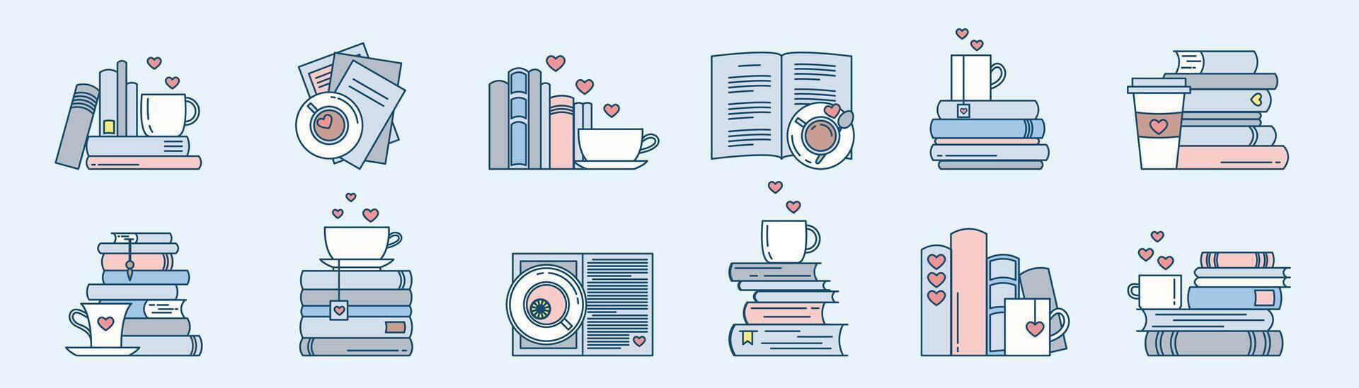 Book and coffee line icon set. Book piles, coffee mugs and cups. vector