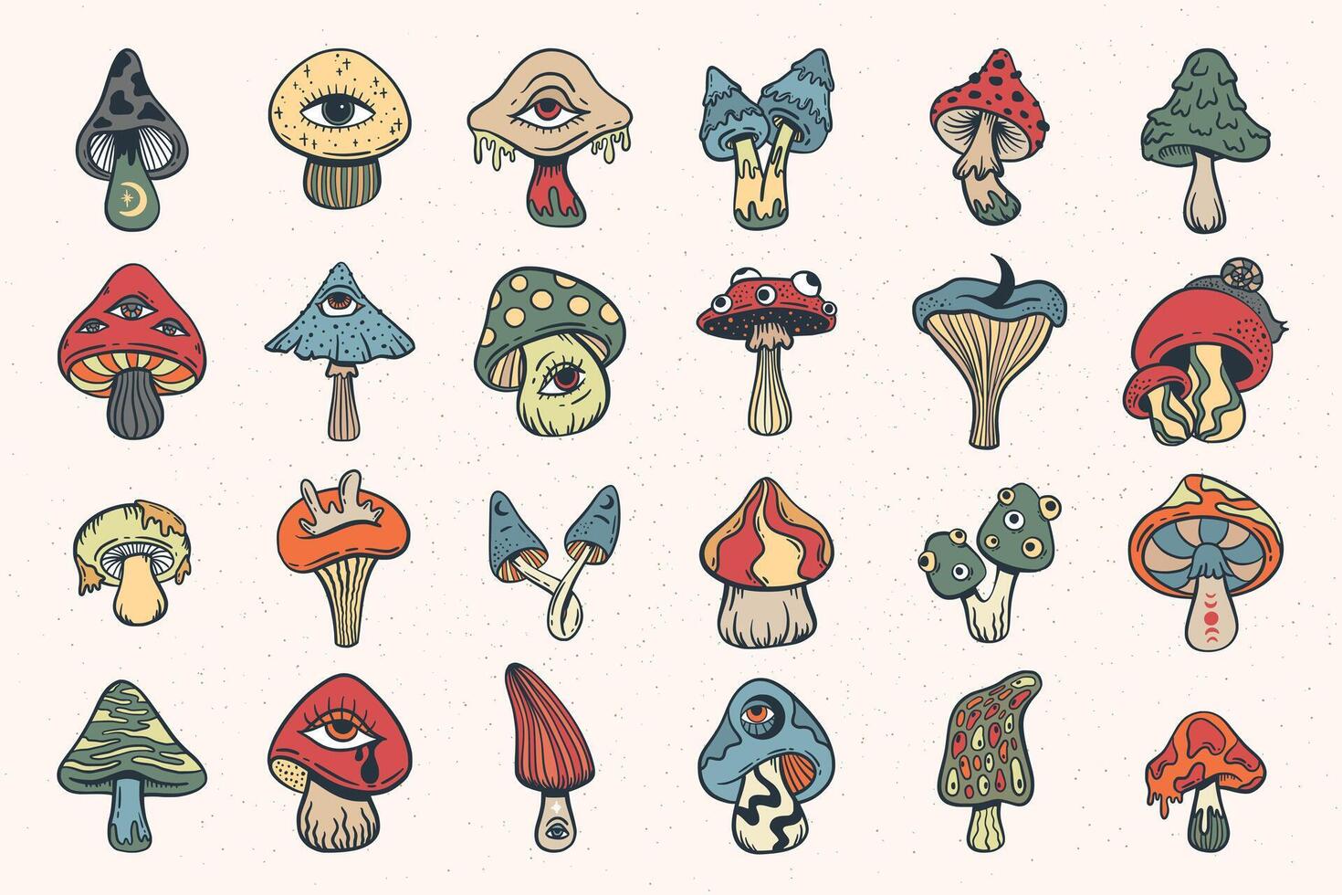 Trippy psychedelic mushroom set, cute doodle sketch vector