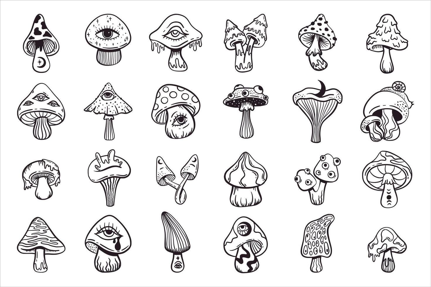 Trippy psychedelic mushroom set, cute doodle sketch vector