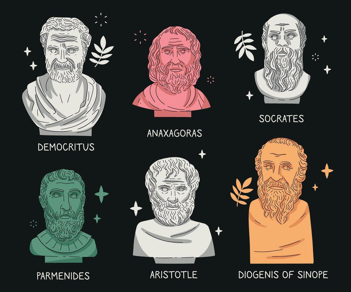 Bust statues of famous antique Greek philosophers, real portraits, illustration. Democritus, Anaxagoras, Socrates, Parmenides, Aristotle, Diogenis of Sinope vector