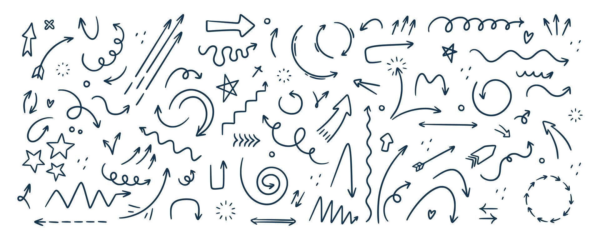 Doodle outline sketch arrow and abstract shapes collection. Hand drawn simple with brush or pen vector