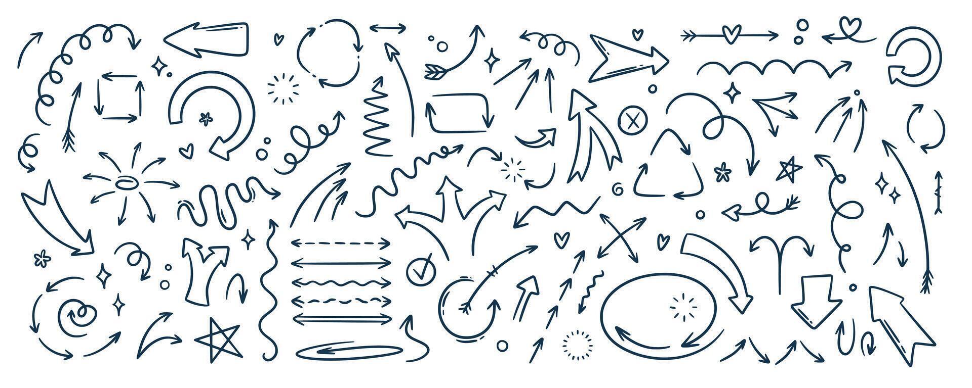 Doodle outline sketch arrow and abstract shapes collection. Hand drawn simple with brush or pen vector