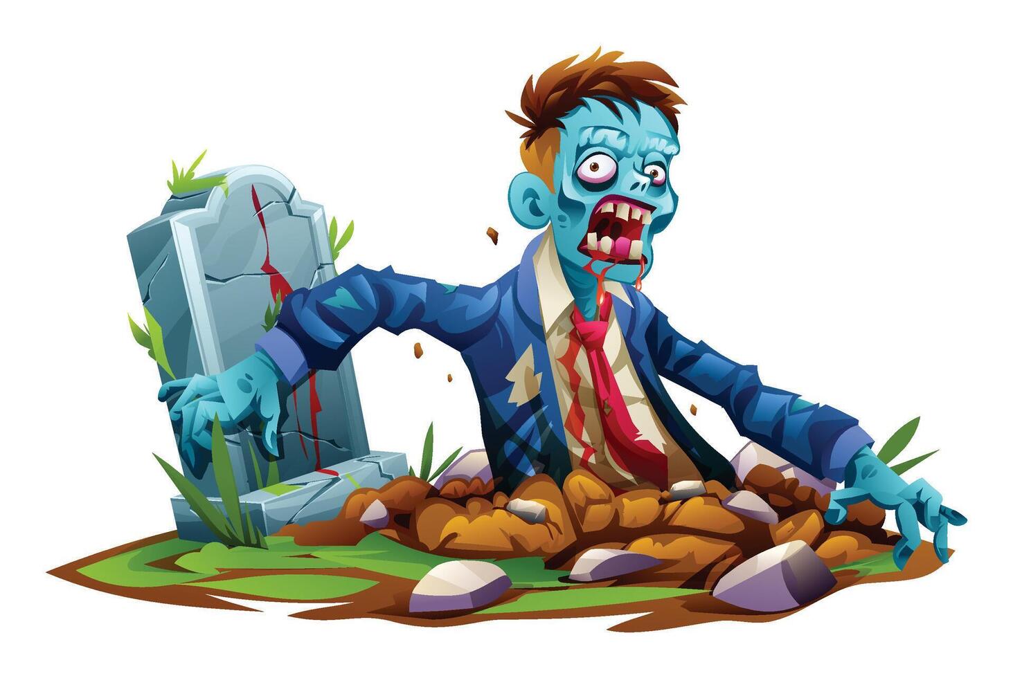 Zombie rising from the ground near a tombstone, cartoon illustration vector