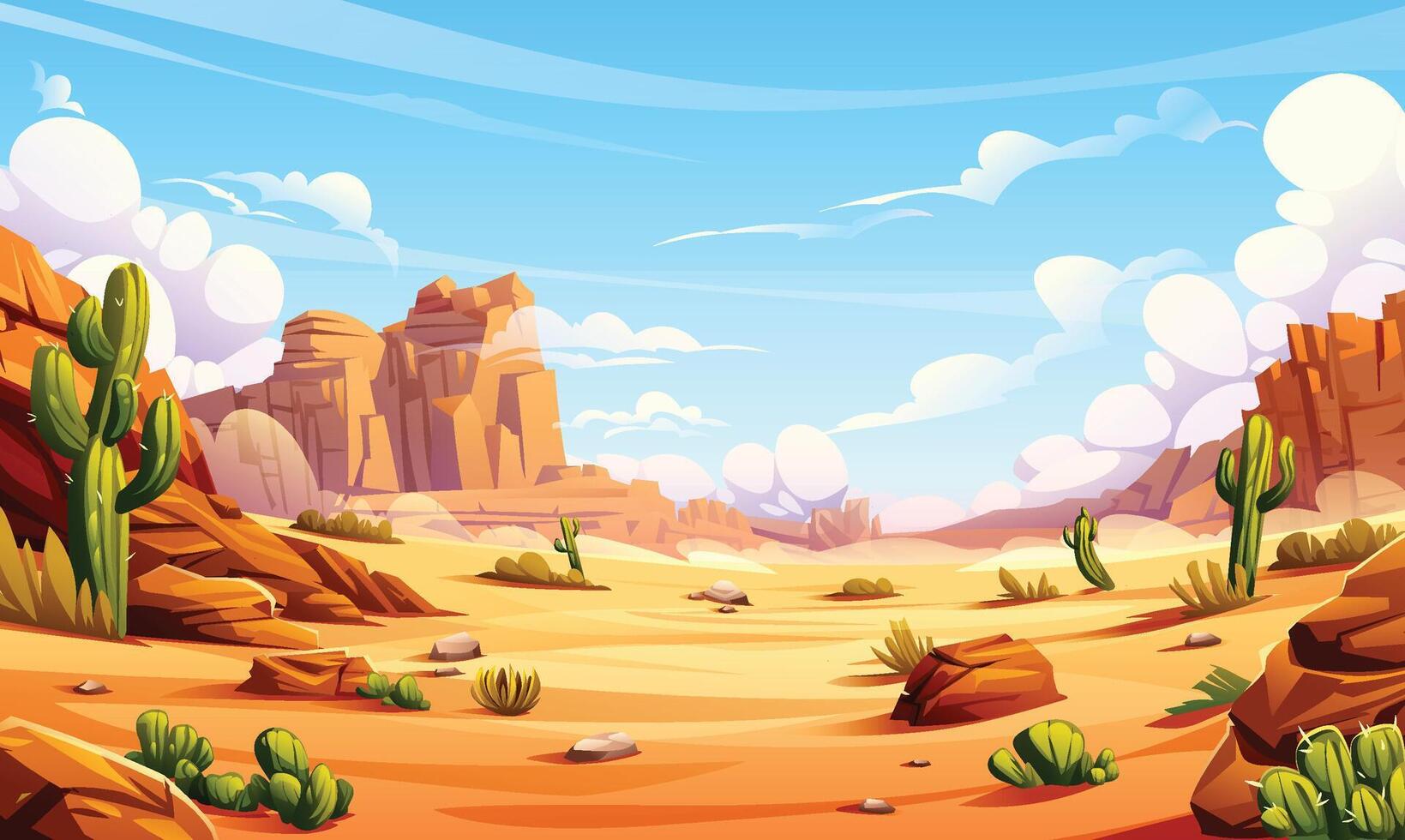 Desert landscape with cactus, rocky cliffs, and bright blue sky. Cartoon illustration vector