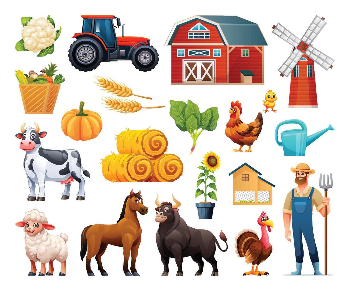 Set of farm elements including barn, windmill, tractor, animals, and crops. Cartoon illustration vector