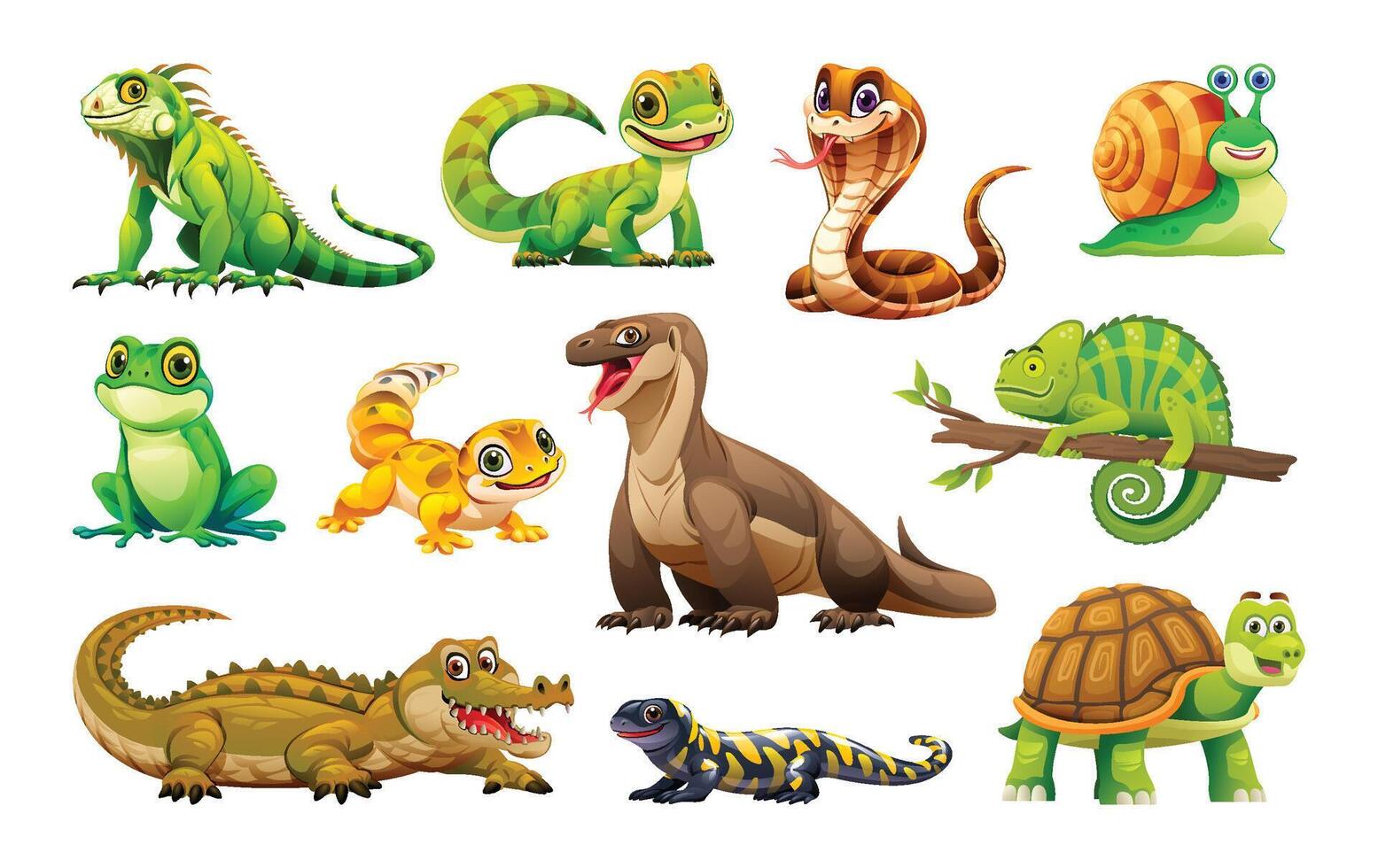 Set of reptiles and amphibians including iguana, gecko, and snake. Cartoon illustration vector