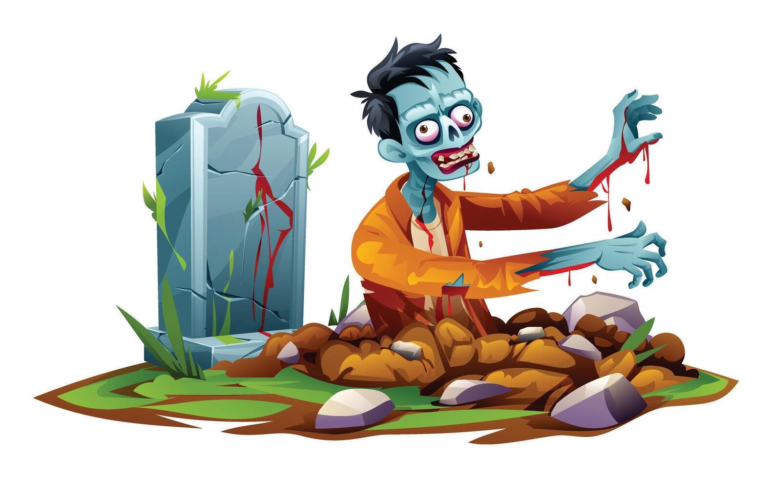 Zombie rising from the ground near a tombstone, cartoon illustration vector