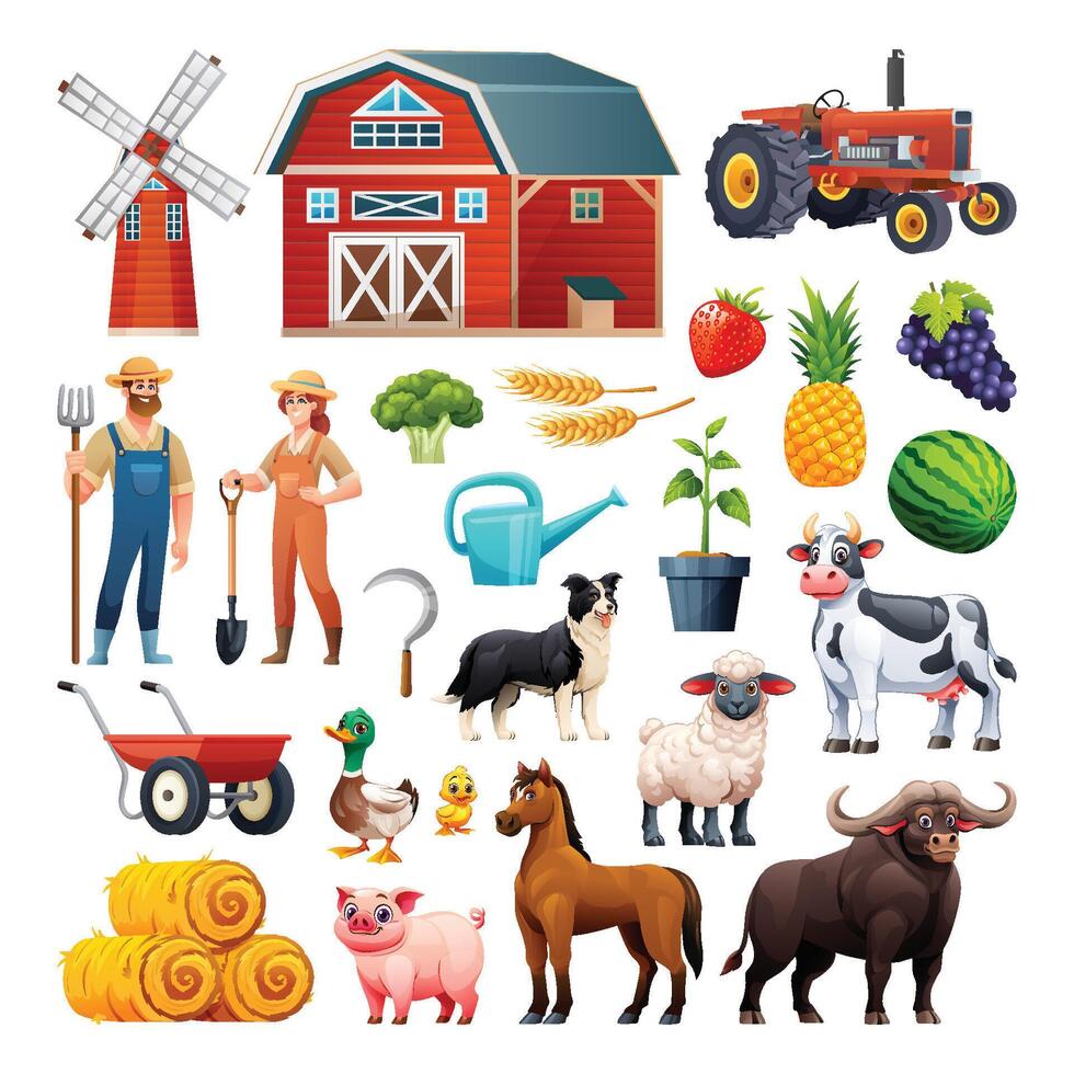 Set of farm elements with barn, farmers, tractor, animals, and crops. Cartoon illustration vector