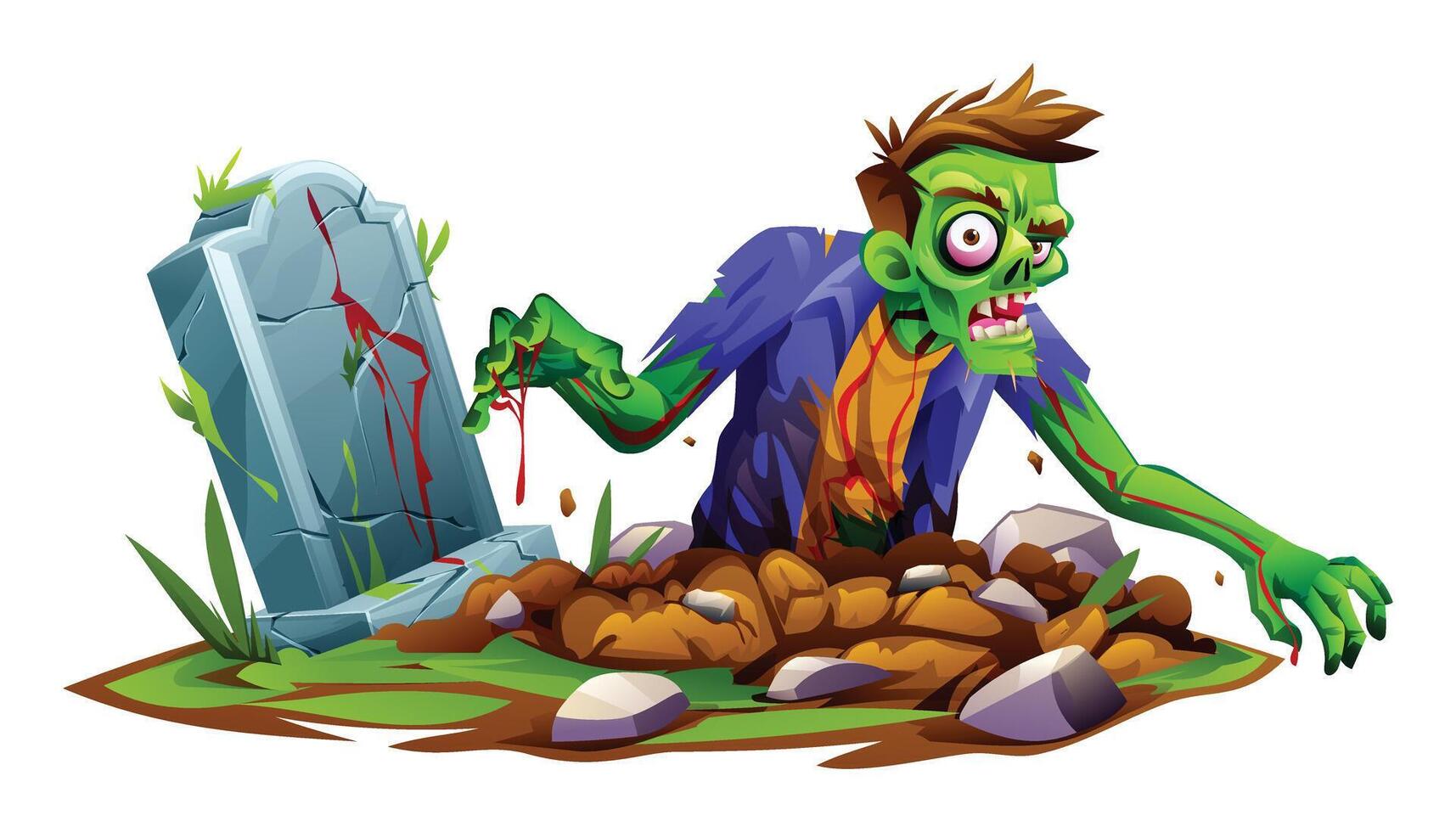 Zombie with ragged clothes rising from the ground near a tombstone. cartoon illustration vector