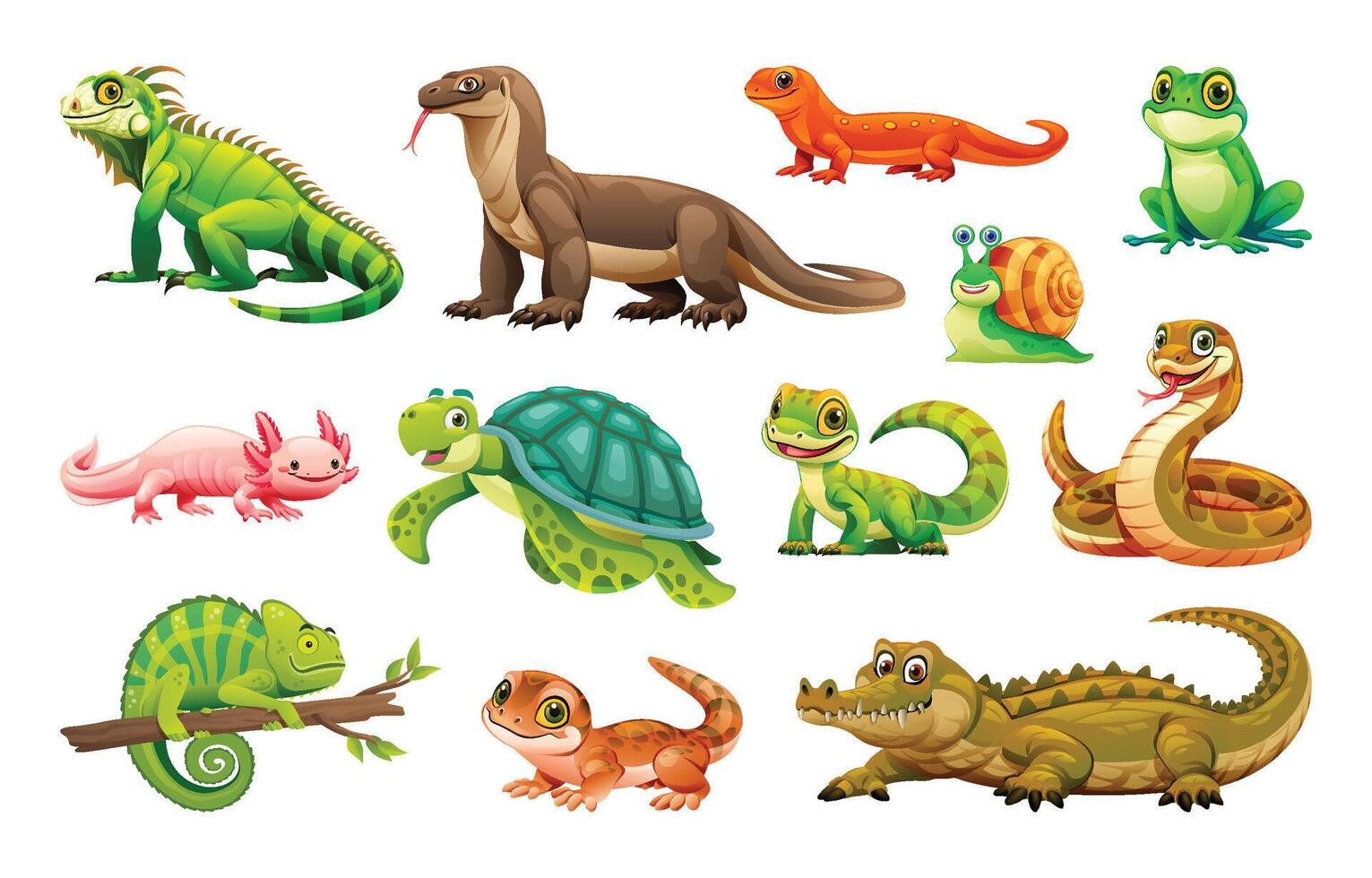 Collection of various reptiles including iguana, snake, and turtle. Cartoon illustration vector