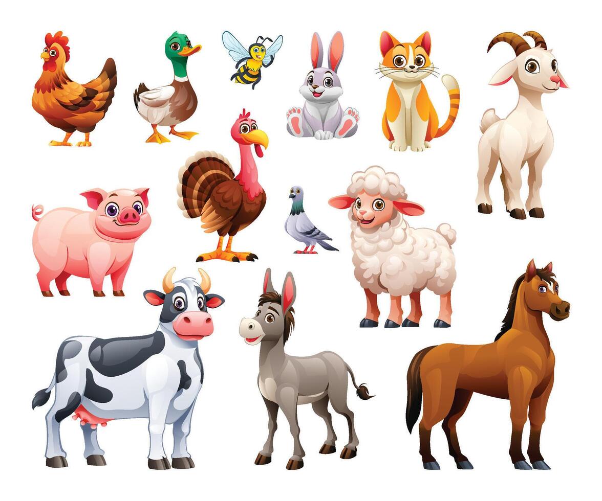 Set of various farm animals including cow, sheep, goat, and horse. Cartoon illustration vector