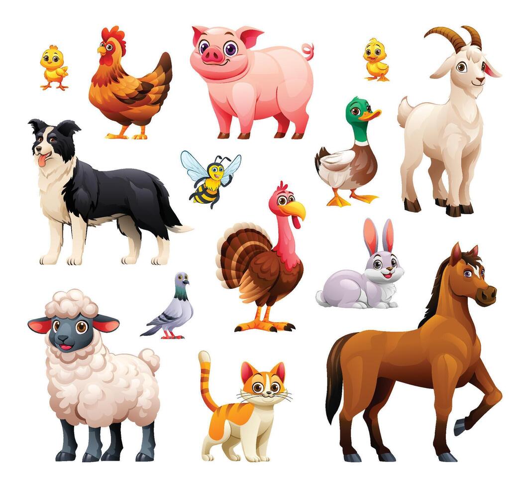 Set of various farm animals including turkey, sheep, goat, and horse. Cartoon illustration vector