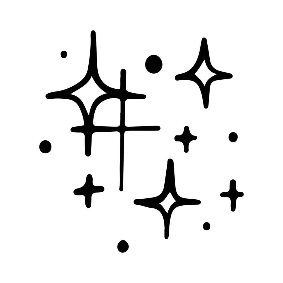Stars and sparkles doodle illustration. Twinkle, blink, firework, glitter silhouette and glowing symbols in sketch style. Hand drawn illustration isolated on white background vector
