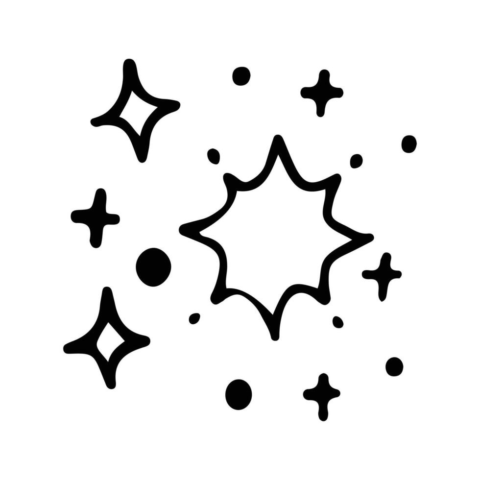 Stars and sparkles doodle illustration. Twinkle, blink, firework, glitter silhouette and glowing symbols in sketch style. Hand drawn illustration isolated on white background vector