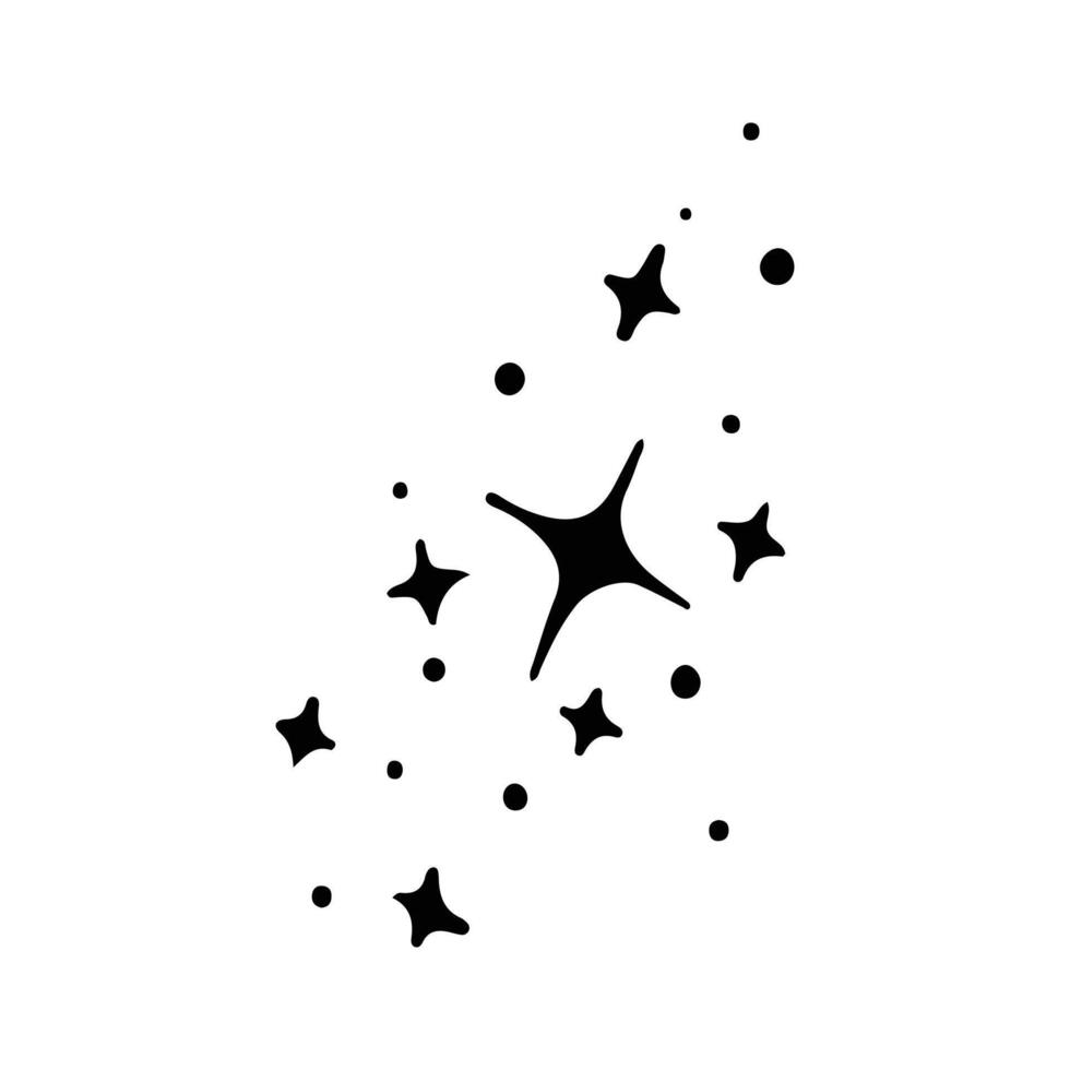 Stars and sparkles doodle illustration. Twinkle, blink, firework, glitter silhouette and glowing symbols in sketch style. Hand drawn illustration isolated on white background vector