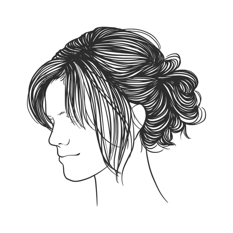 hand drawn illustration of a woman's hairstyle. Isolated on white background. Black and white sketch of a female hairstyle. vector
