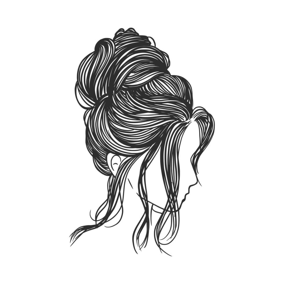 hand drawn illustration of a woman's hairstyle. Isolated on white background. Black and white sketch of a female hairstyle. vector