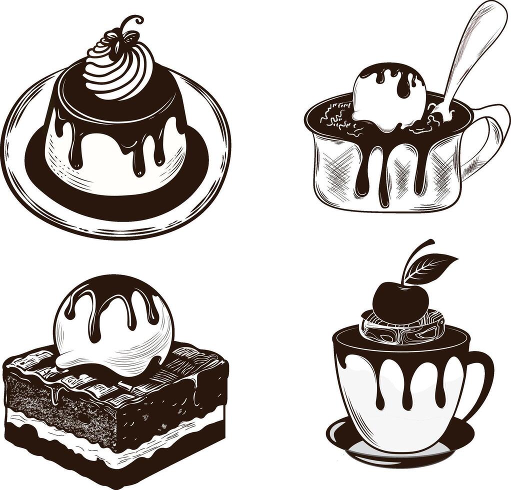 Set of hand drawn isolated vintage line art icecream, chocolate dessert vector