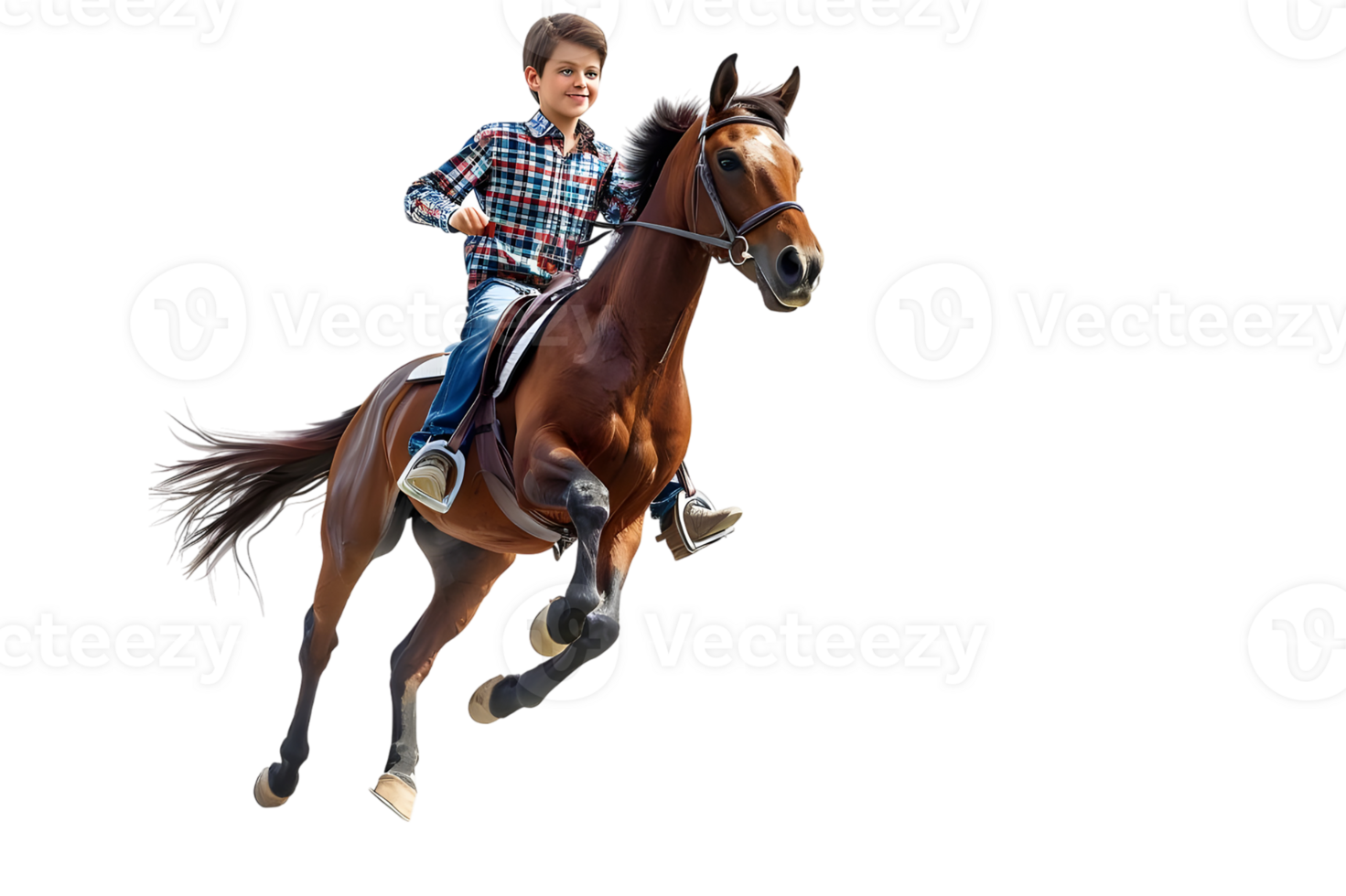 A well-trained boy riding horse with safety on, isolated on transparent background png