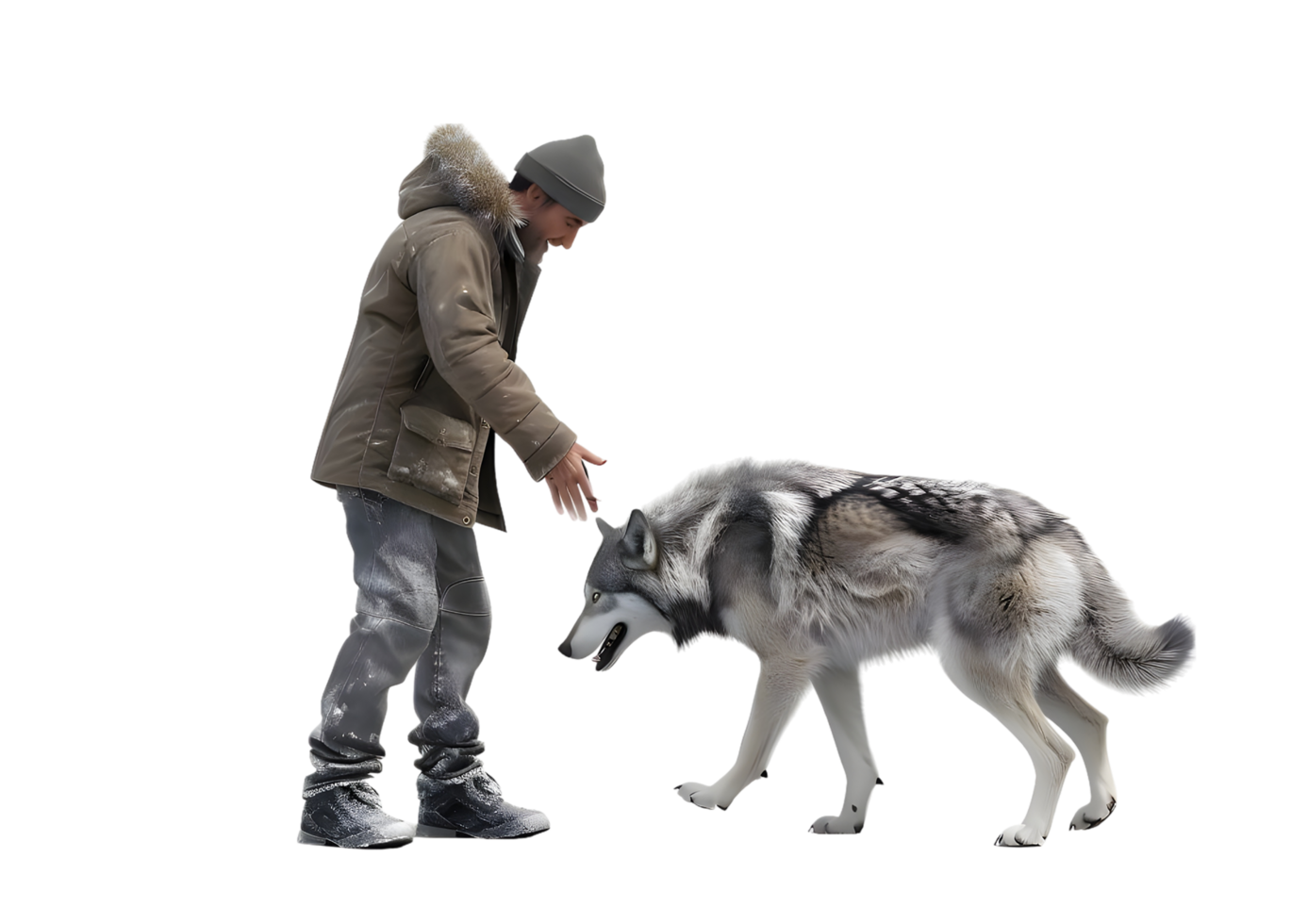 A person standing next to wild wolves, spreading love with pet wolves isolated on transparent background png