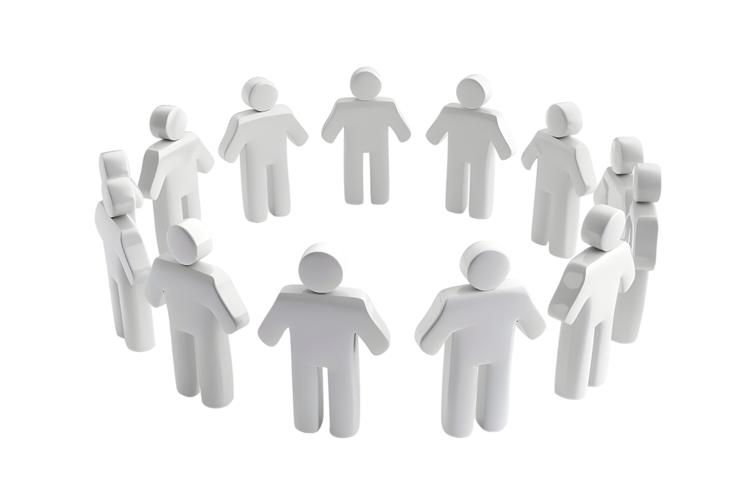 Pack of 3D white human figures standing in a circle representing community isolated on a transparent background png