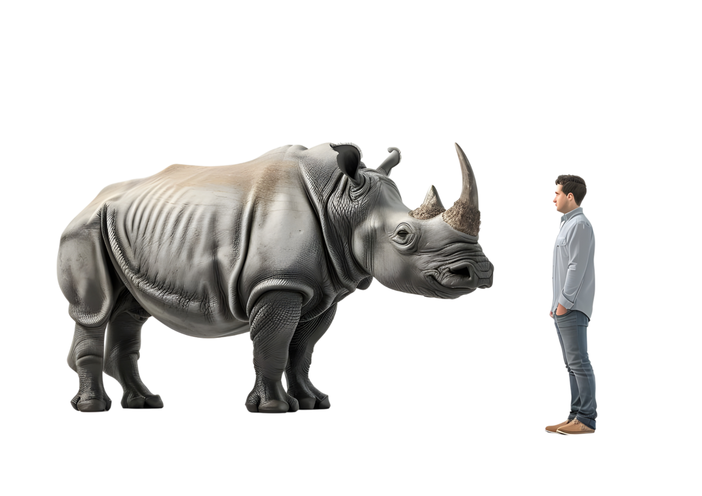 Man standing alone infront of big Rhino isolated on transparent background png