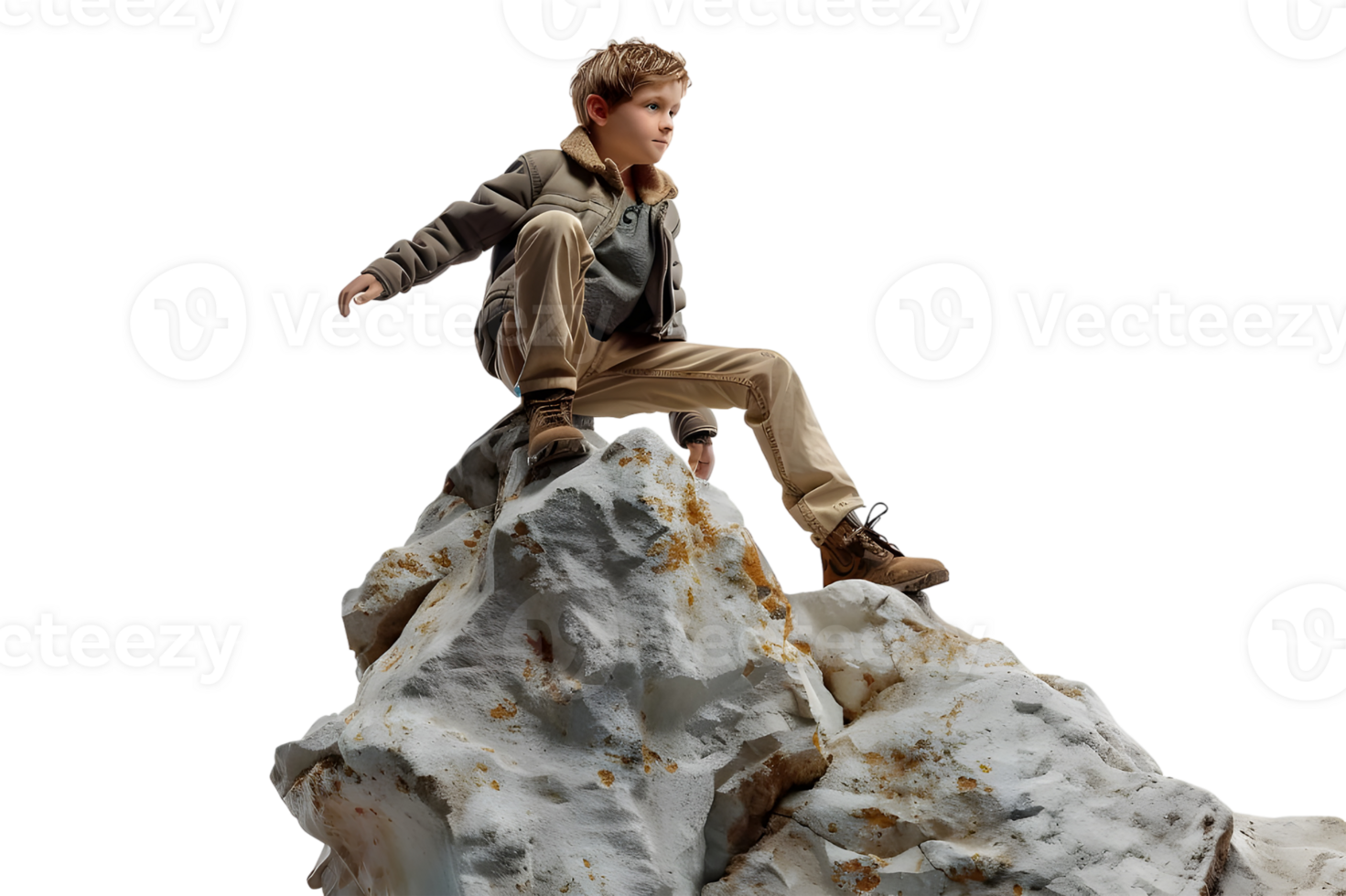 A boy hiking alone on the cliffs and mountains isolated on transparent background png