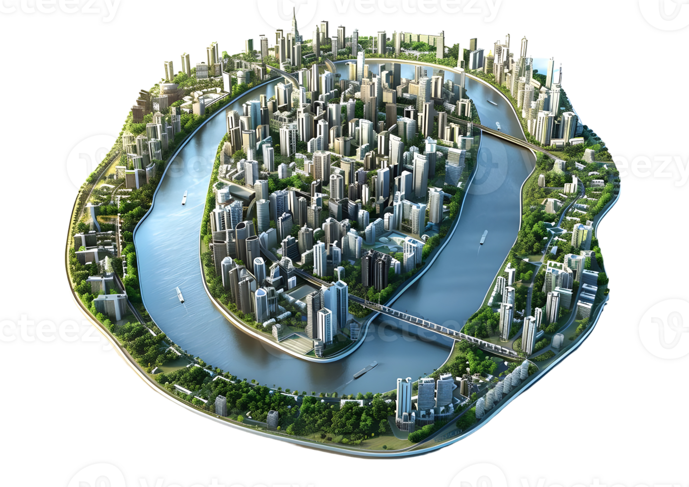 Circular City with Skyscrapers and Waterways Isolated on a transparent background png
