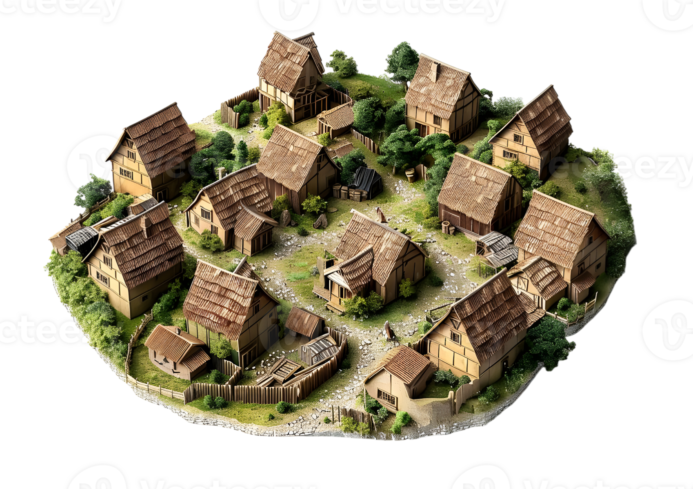 Traditional Village with Thatched Roof Houses Isolated on a transparent background png