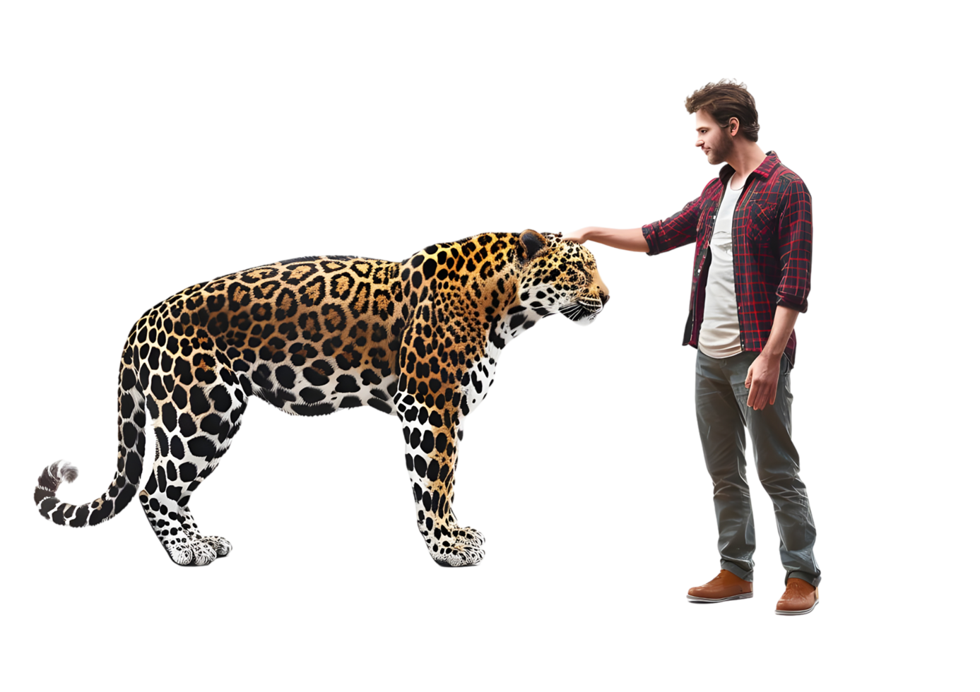 Brave man playing with leopard isolated on transparent background png