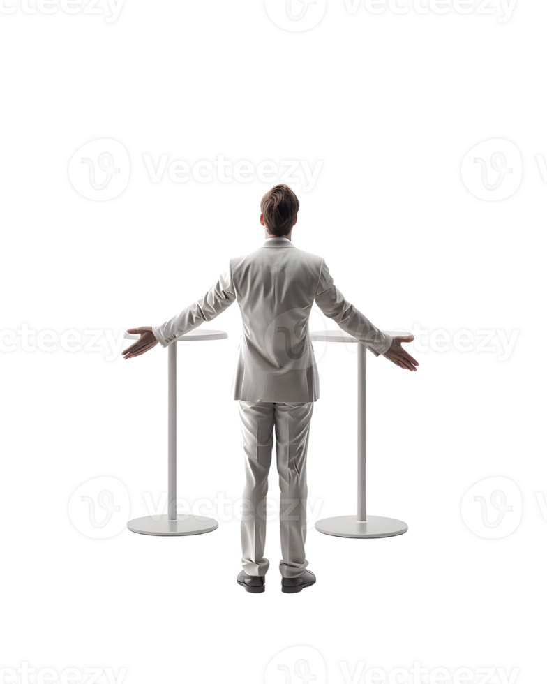 A businessman in Decent clothes giving a speech on stage in joyful manner isolated on transparent background png