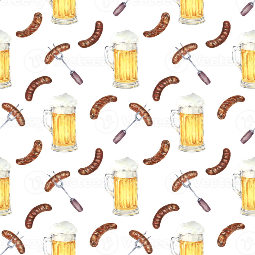 Beer mugs and sausages backdrop clipart. Watercolor seamless pattern perfect for festive event invitations, themed merchandise, kitchen textiles, and party supplies for Oktoberfest celebrations png