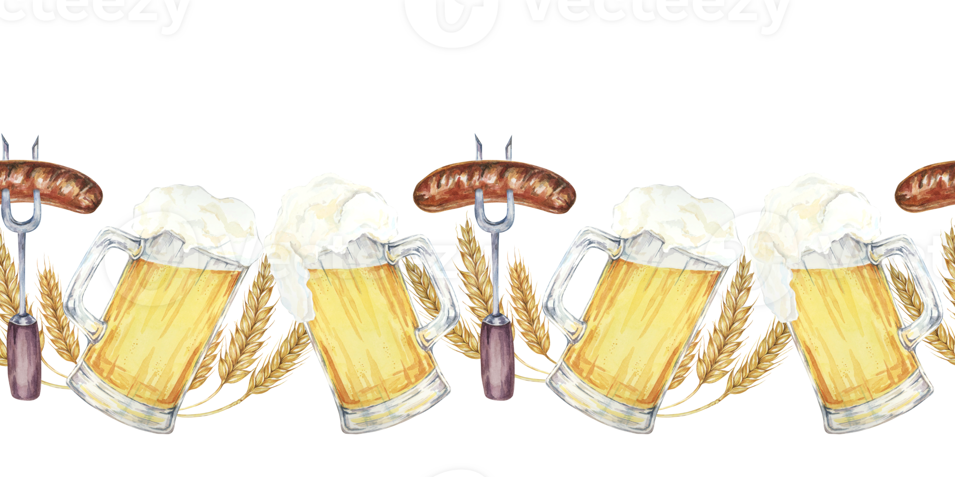 Beer mugs, barley stalks, forks with grilled sausage in continuous line. Seamless border watercolor clipart for pub signs, beer tasting events, Oktoberfest promotions, party supplies png