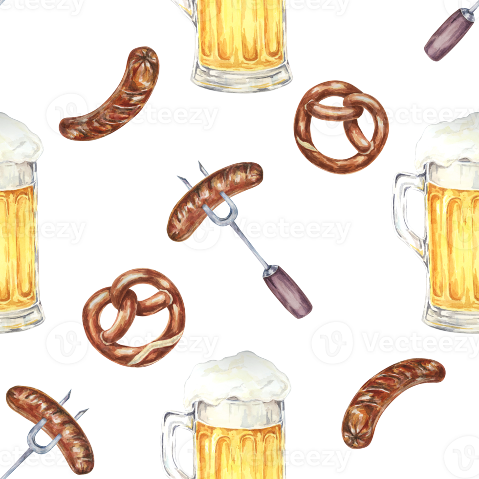 Beer mugs, pretzels, and sausages background. Watercolor seamless pattern Ideal for party supplies, event invitations, kitchen decor, and Oktoberfest-themed merchandise and decorations png