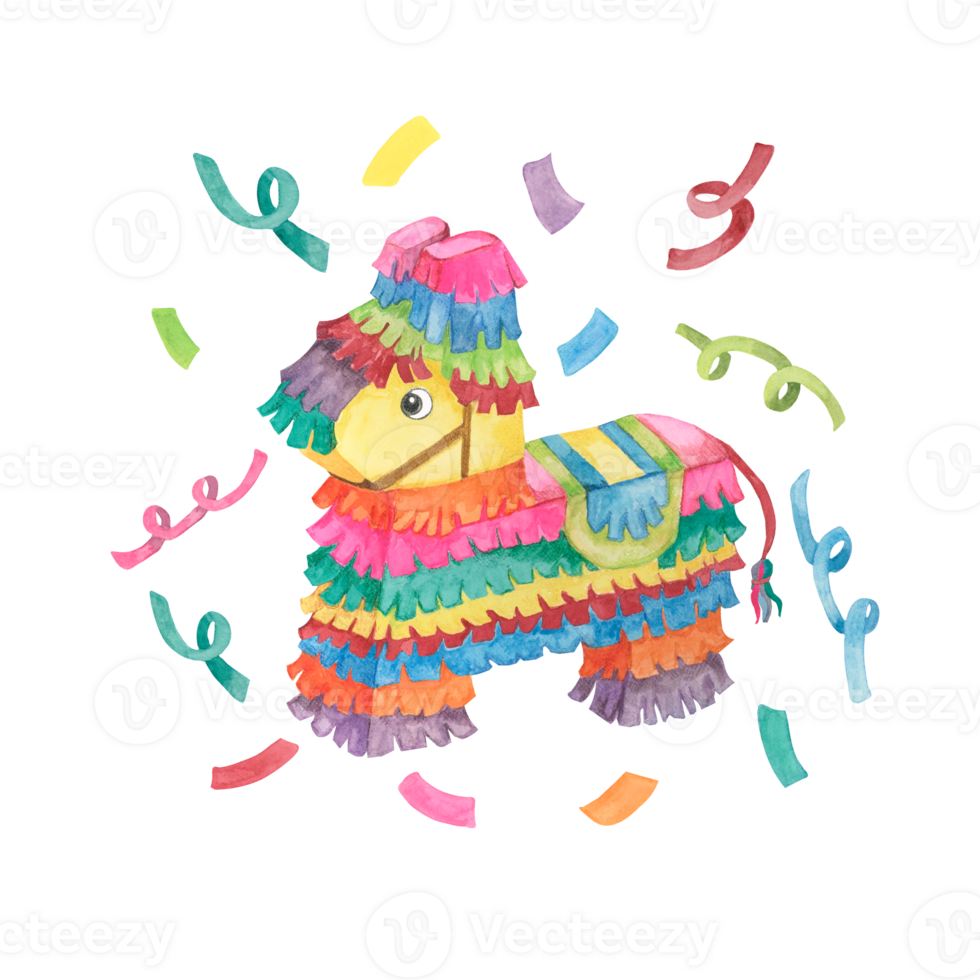 Colorful pinata with confetti in watercolor. Bright traditional party object designed as donkey with candy. Aquarelle clipart . designs for cards, printing, cinco de mayo png