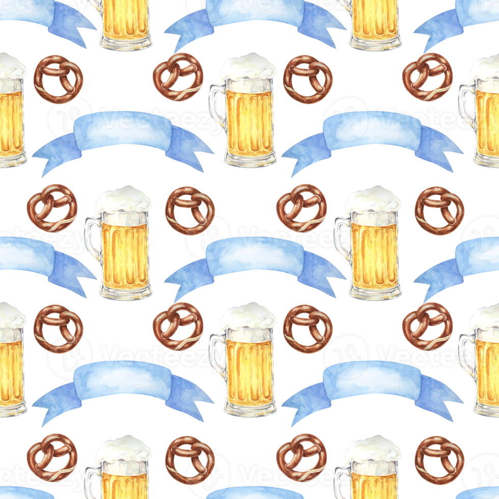 Watercolor seamless pattern with beer mugs, pretzels, and blue ribbons. Perfect for creating event invitations, party supplies, themed merchandise, and festive tablecloths for Oktoberfest png
