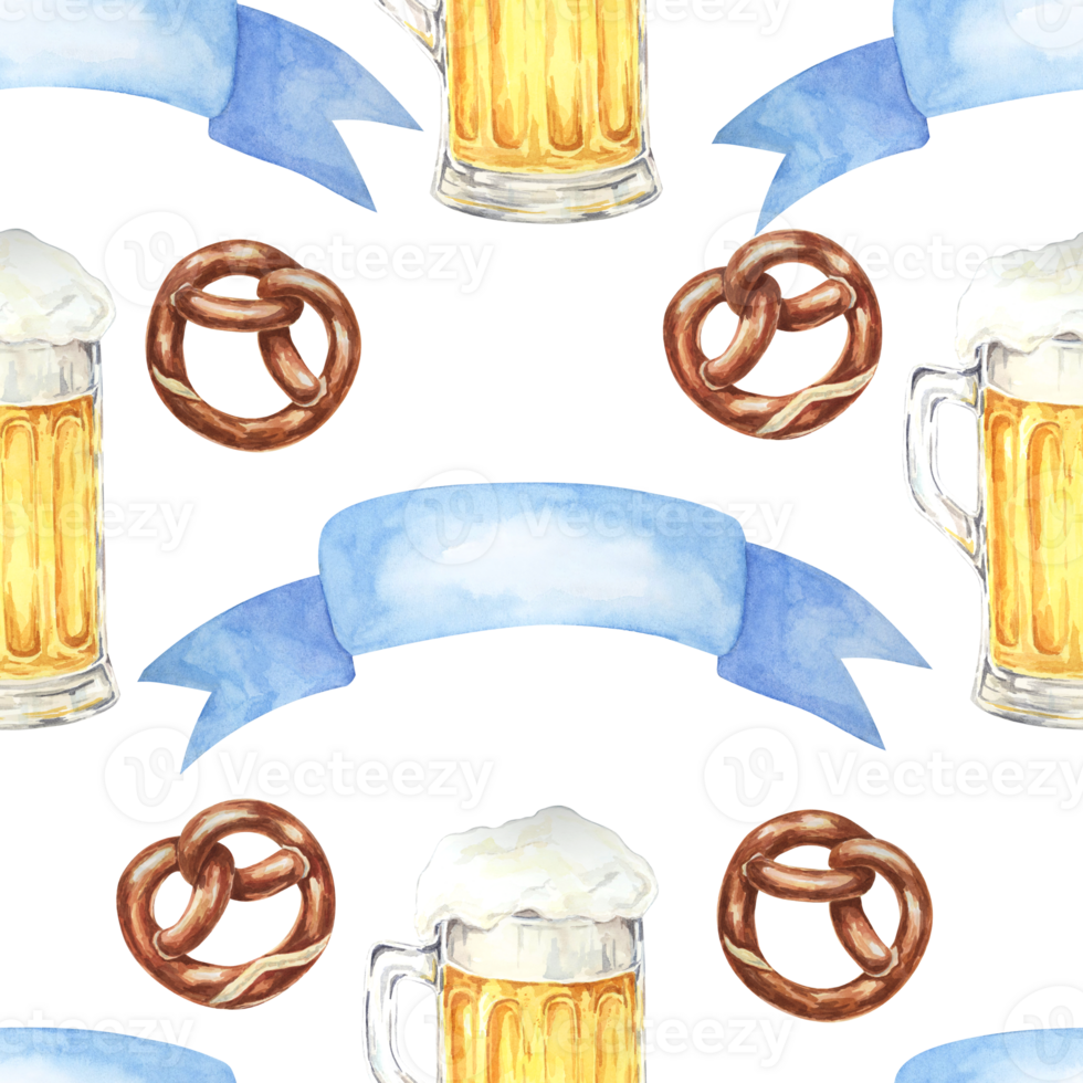 Beer mugs, pretzels, and blue ribbons clipart. Watercolor seamless pattern perfect for event invitations, party decorations, themed merchandise, and festive tablecloths for Oktoberfest png