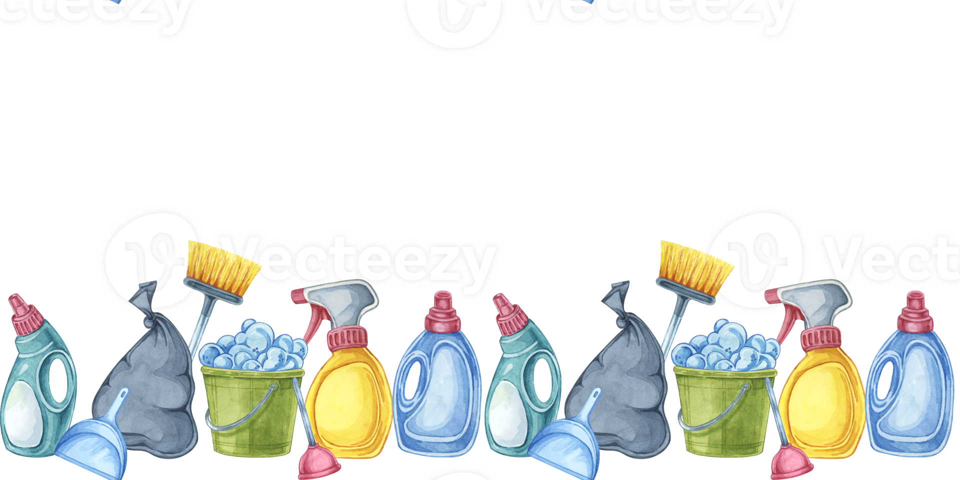 Cleaning essentials seamless border. Watercolor banner clipart for janitorial services, housekeeping businesses, digital content, classroom posters, brochures, social media, promotional flyers png