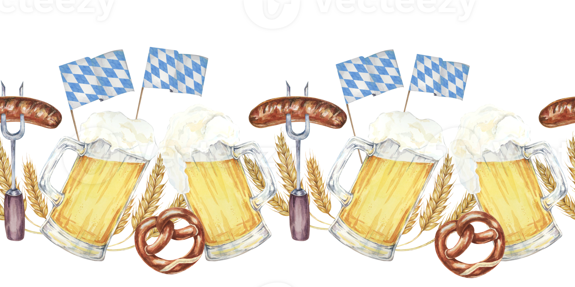 Beer mugs with foam, pretzels, barley, sausages and blue-and-white Bavarian flags banner clipart. Watercolor seamless border for creating Oktoberfest-themed invitations, menus, festive event banners. png