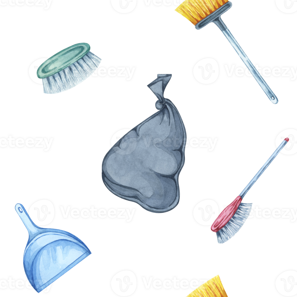 Black garbage bags, brooms, and dustpans watercolor seamless pattern. Background Clipart for use in waste management company branding, educational posters, and custom packaging designs png