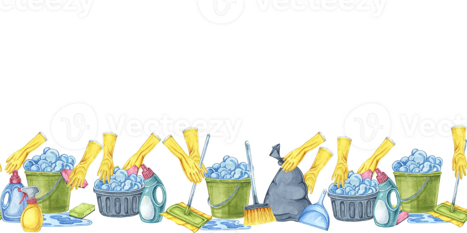 Cleaning scene with hands in yellow rubber gloves. Watercolor seamless border. Dynamic clipart for cleaning services, housekeeping businesses, digital content, website banners, promotional flyers png